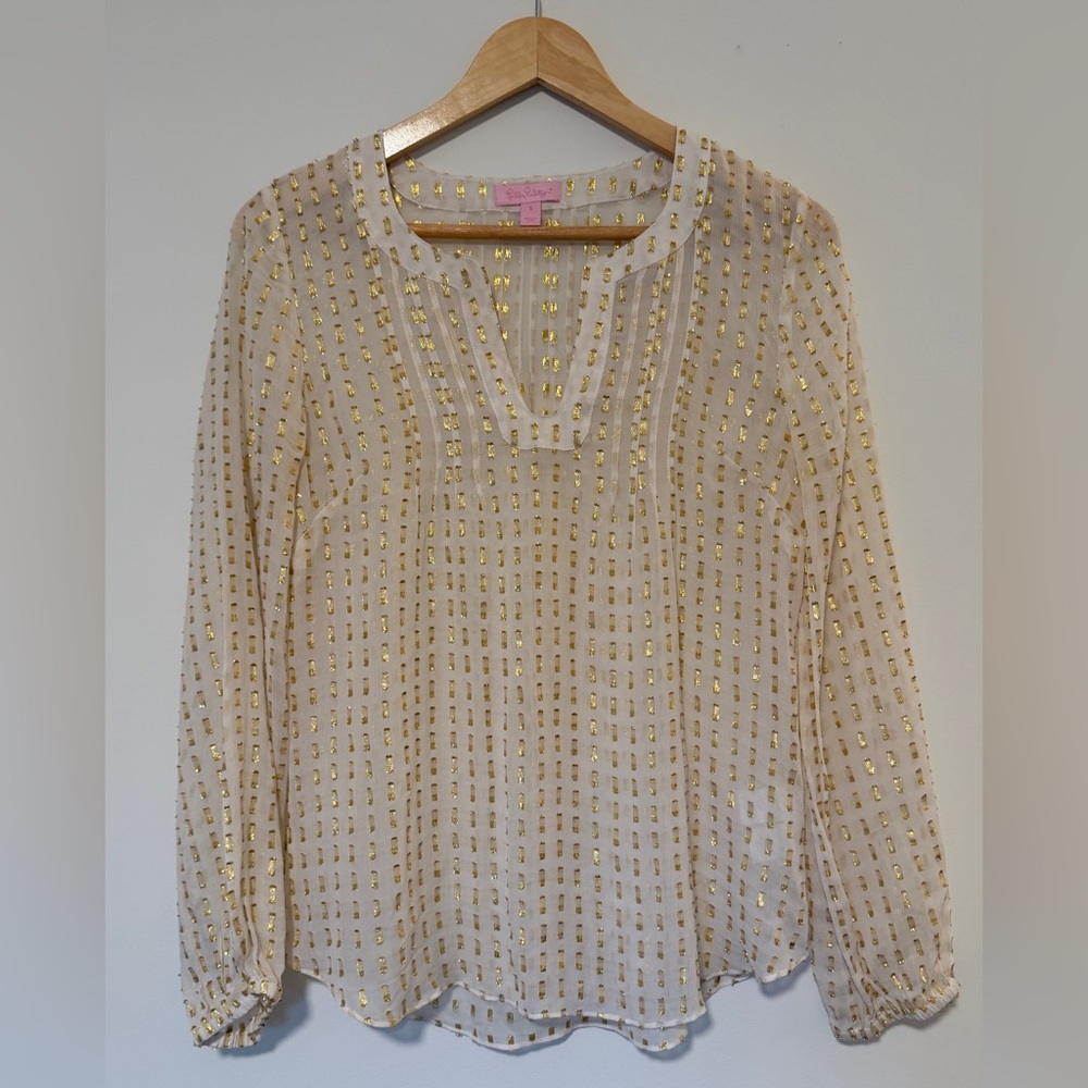 Lilly Pulitzer Ivory and Gold Silk Blend Long Sleeve Blouse Like New.